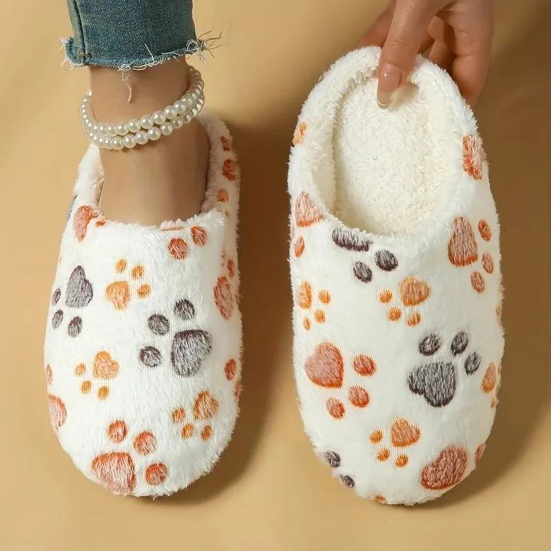 Women Cute Cat‑Paw Random Print Fuzzy Indoor Slippers Soft Quiet Warm Cotton House Shoes