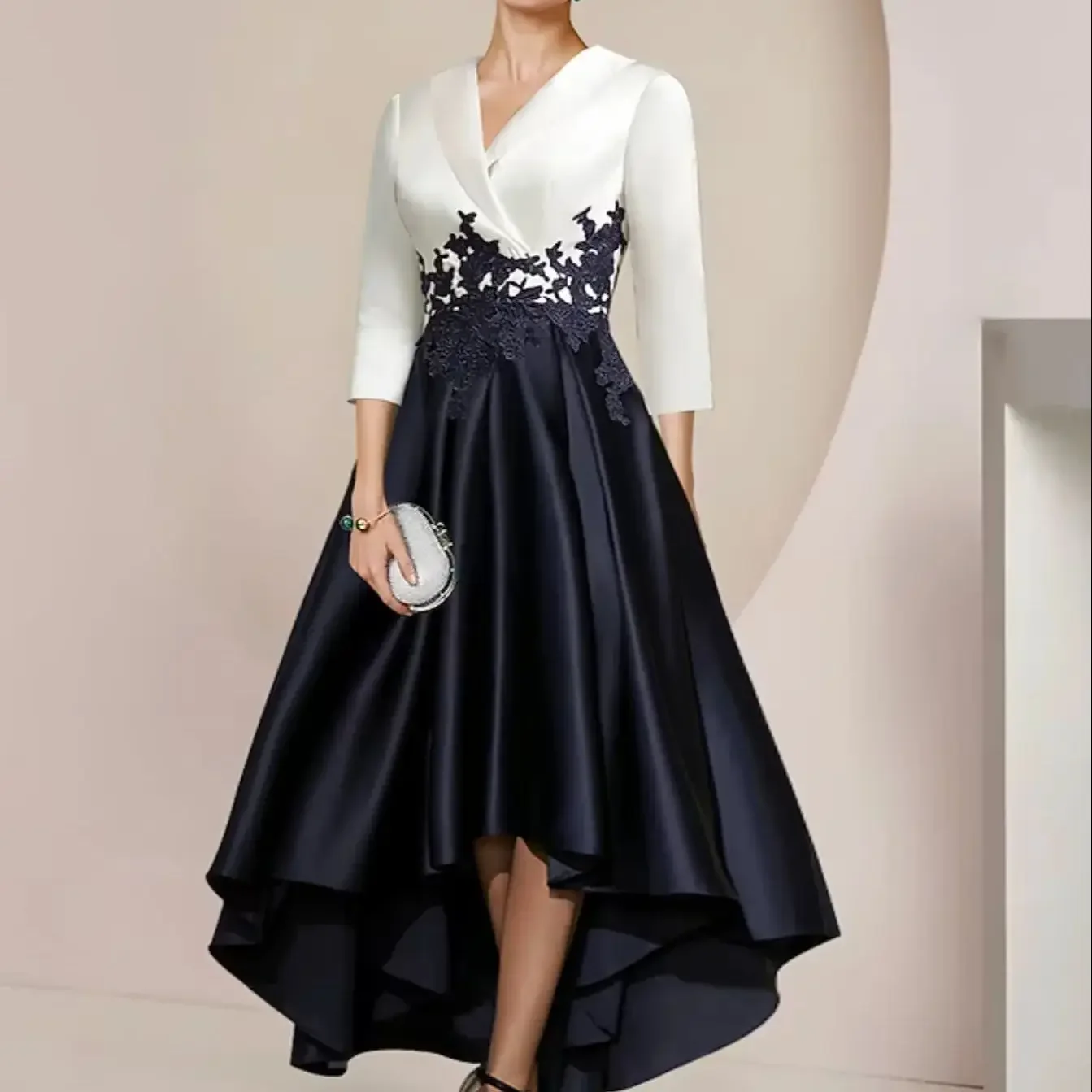 Asymmetrical Satin  A-Line V-Neck 3/4 Length Sleeve Mother of the Bride Dress A-Line Satin Ball Gown