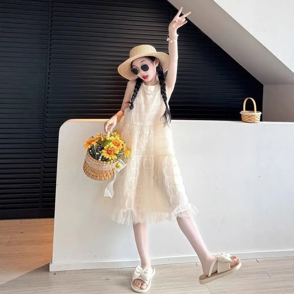 Fashion Loose Girls Princess Dress Party Beach Vacation Summer Mesh Dress Children Sweet Teens Long Dress Party