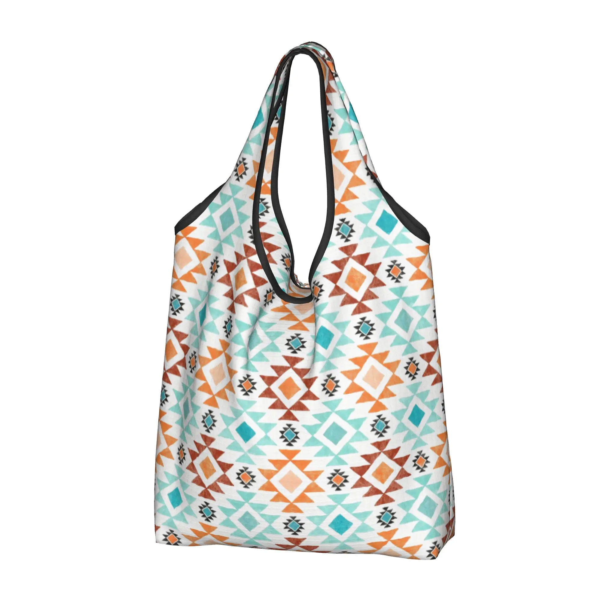 Recycling Aztec Geometric  Shopping Bag Women Tote Bag Portable Shades of Aqua Blue and Orange  Groceries Shopper Bags