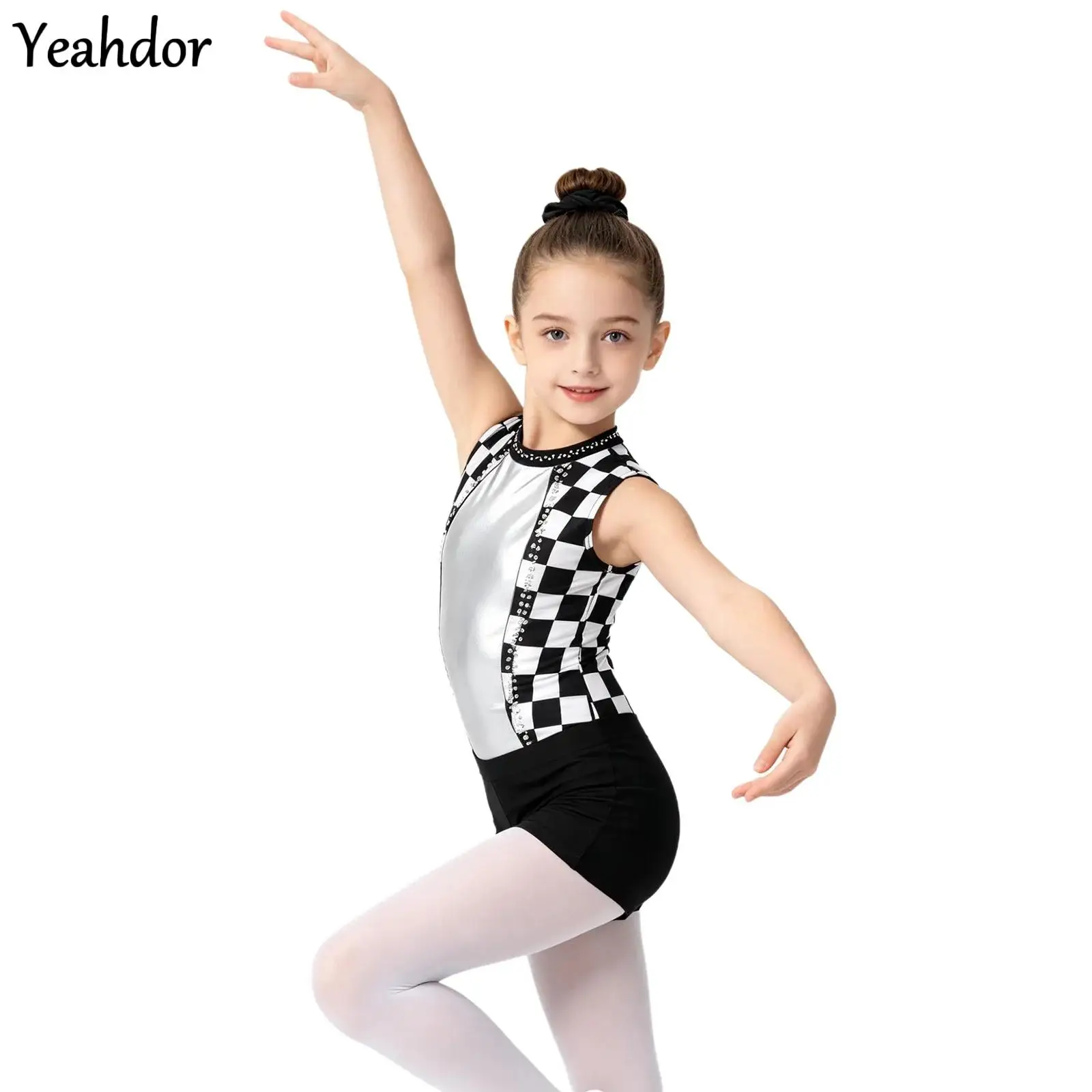 

Kids Girls Rhinestones Ballet Gymnastics Leotards Sleeveless Metallic Dance Bodysuit with Shorts Headwear Figure Skating Costume