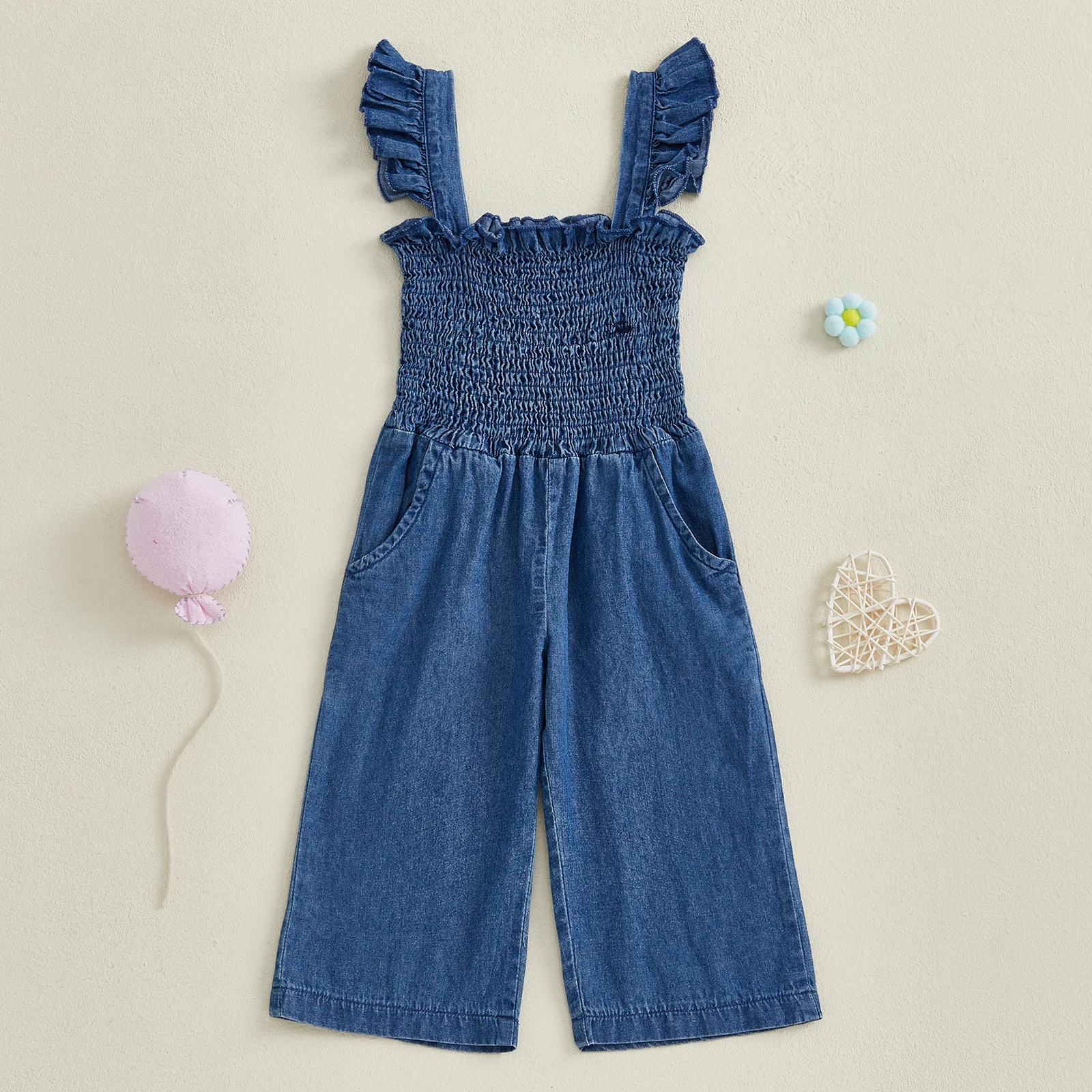 

Tregren Infant Baby Girls Summer Denim Overalls Jumpsuit Toddler Kids Sleeveless Smocked Bust Full Length Romper