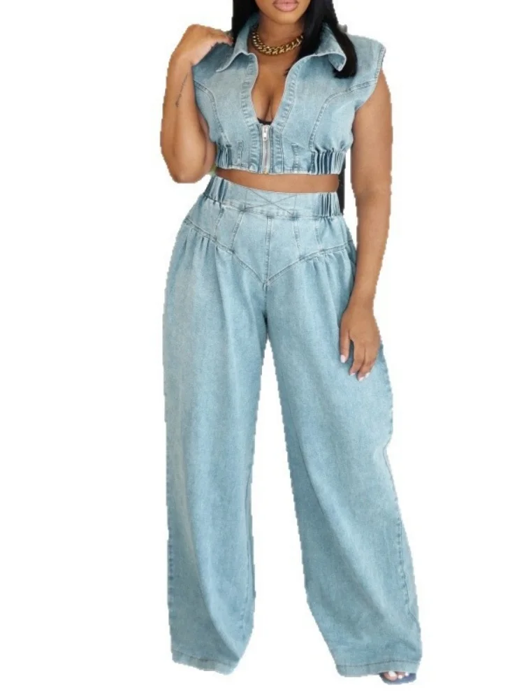 Wmstar Zweiteiliges Set für Damen, Großhandel, europäische und amerikanische Damen-Jeans-Set, sexy, ärmellos, locker, gerade, Sommer, Fancy Club