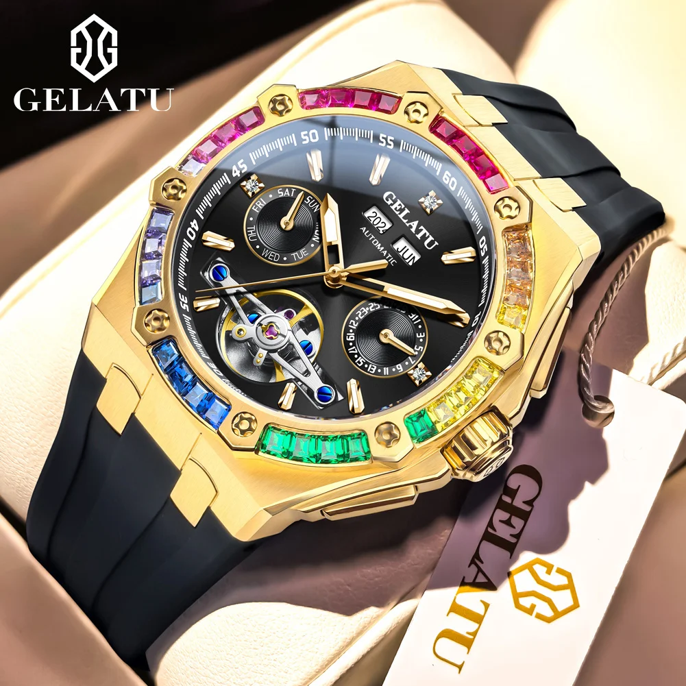 GELATU Men's Watches Trend Fashion Original Automatic Mechanical Wristwatch for Man Silicone Strap Waterproof Luminous Calendar