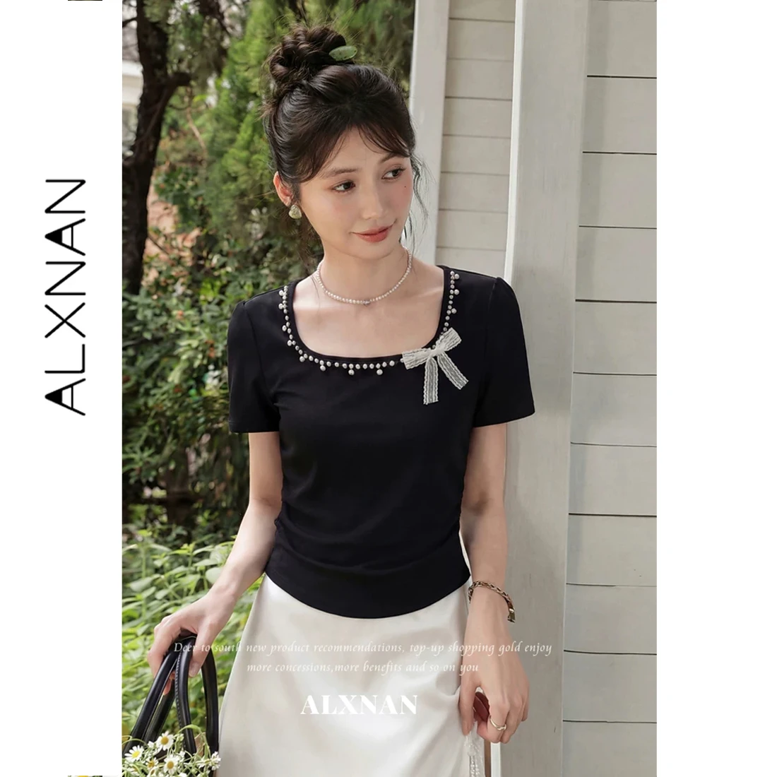 

ALXNAN Black Square Neck T-shirt Women Pearl Bow Design Waist Ruched Casual Tees 2026 Summer Elegant Short Sleeve Tops L63613A