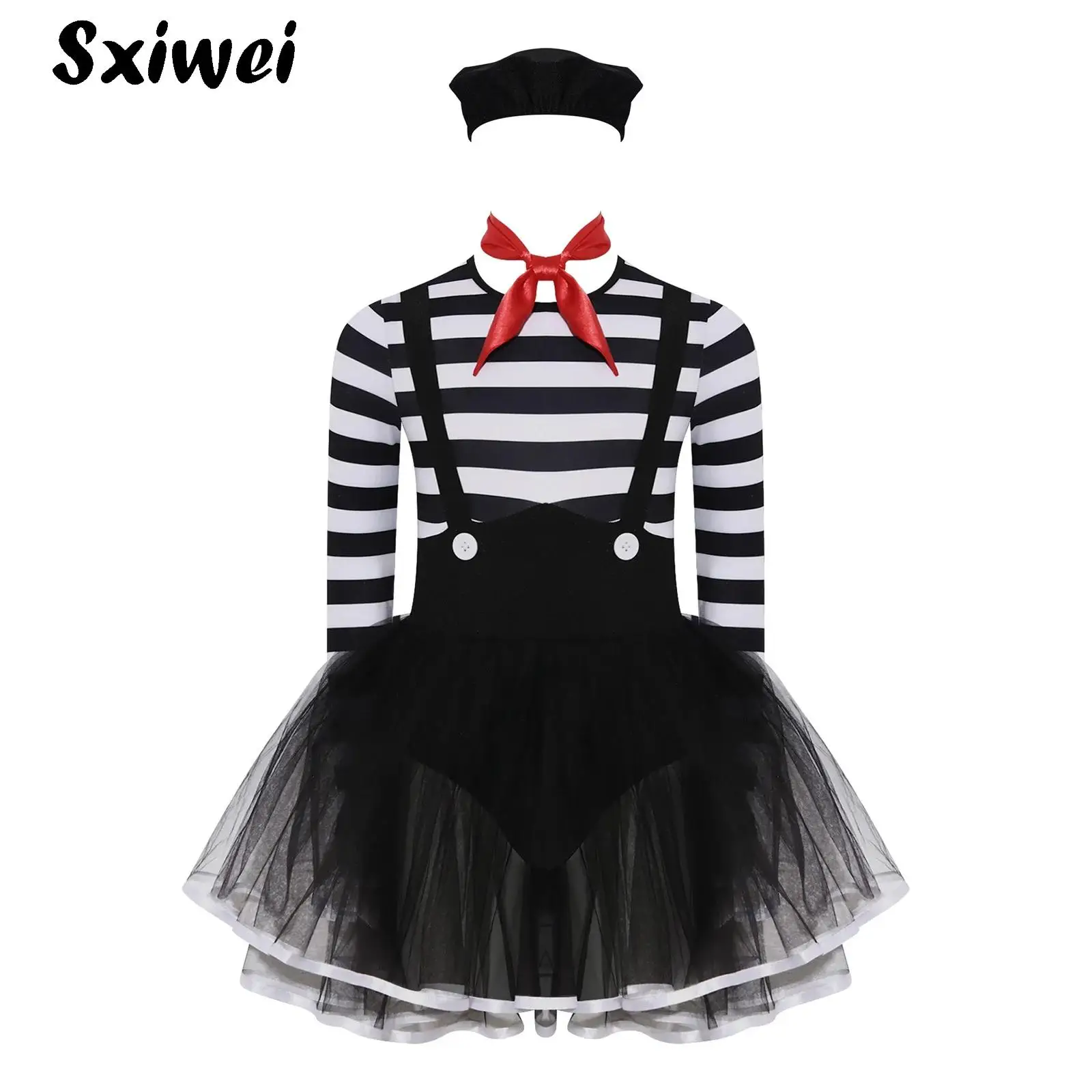 Girls Anime Circus Clown Artists Fancy Dress Up Striped Long Sleeve Ruffle Skirt Ballet Leotard Tutu Dress Hat Halloween Costume
