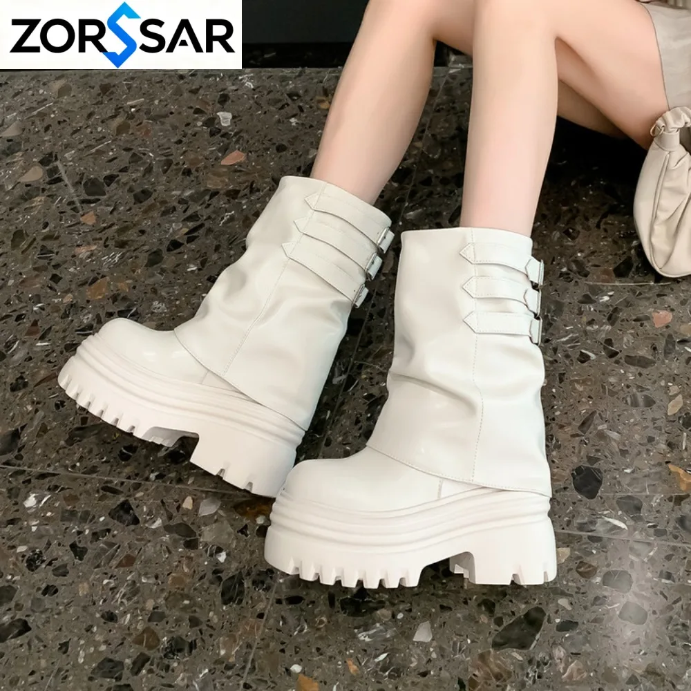 Genuine Leather Thick Heel Women Knee High Boots Fashion Ladies Belt Buckle Knight Long Booties Botas De Inverno Feminina