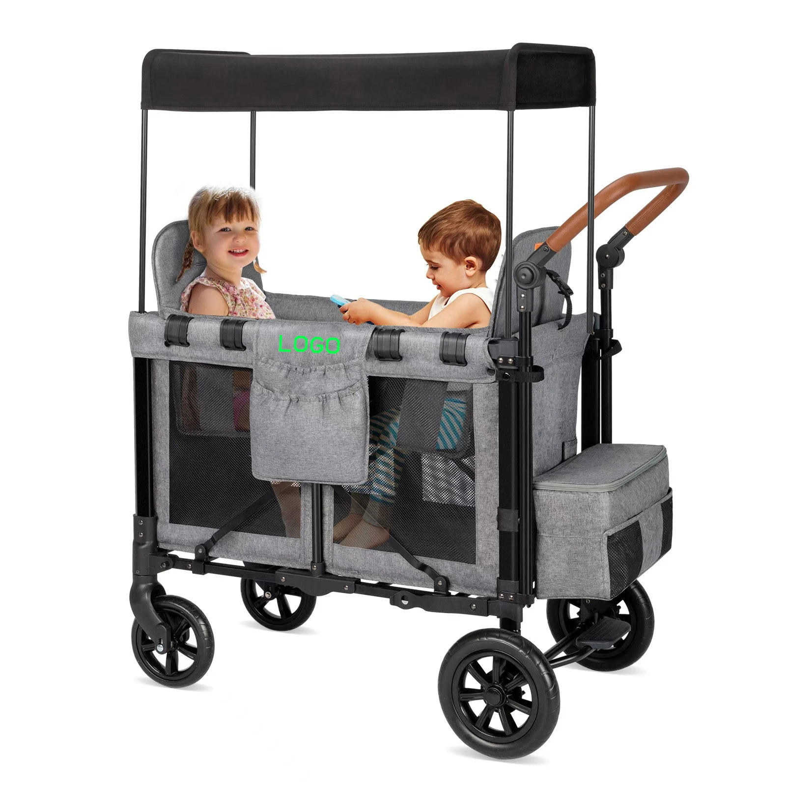 Heavy-Duty 2-Seat Foldable Beach Wagon 600D Oxford Fabric All-Terrain 2-Child Camping Stroller