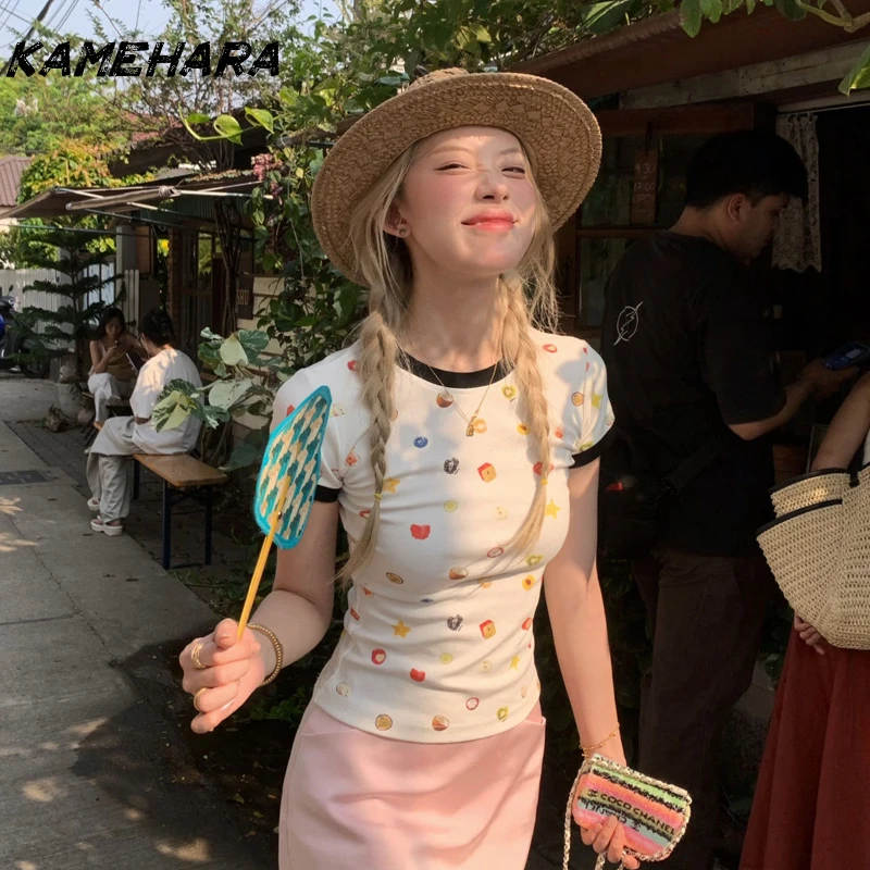 KAMEHARA Japón Y2k camisa de manga corta con hombros descubiertos y estampado de frutas Chic dopamina picante chica Top ajustado Harajuku camiseta estética de basura