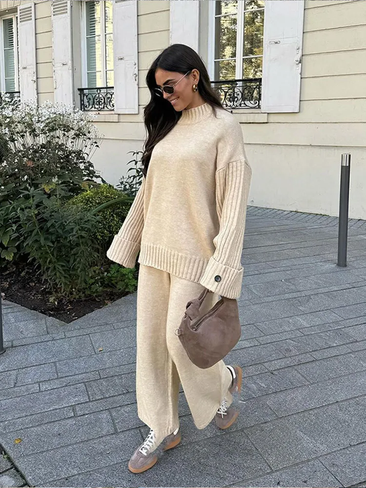 Solid Color Full Sleeved Knit Women\'s Sweater Set Casual Loose O-neck Top Long Wide Leg Pants Suits Autumn Warm Daily Streetwear