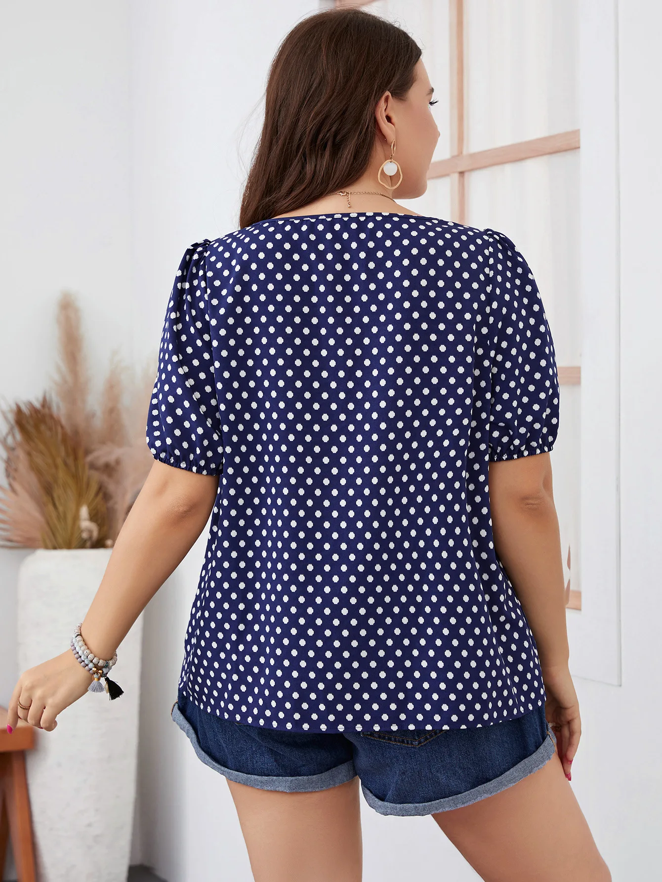 Blus kotak-kotak leher bulat wanita, blus Polka Dot kasual ukuran besar, elegan dan pemuda musim panas lengan pendek katun Tee gratis pengiriman