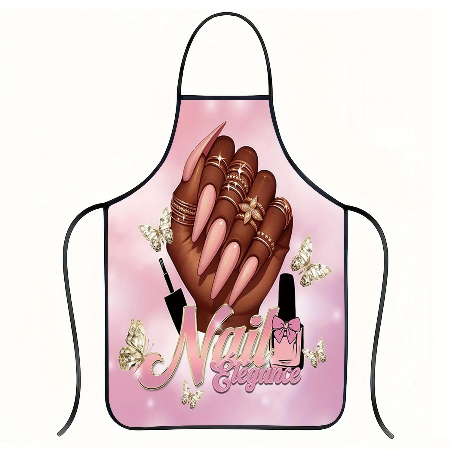 1pc Nail Salon Theme Printed Apron, Polyester Kitchen Cooking Apron with Pink Background and Golden Accents, Stylish