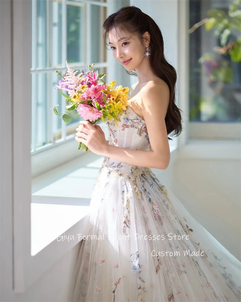 Giyu Elegant Colorful Beads Printed Floral Lace Wedding Dresses Korea Photoshoot Sweetheart Tulle Bride Dress Corset Back