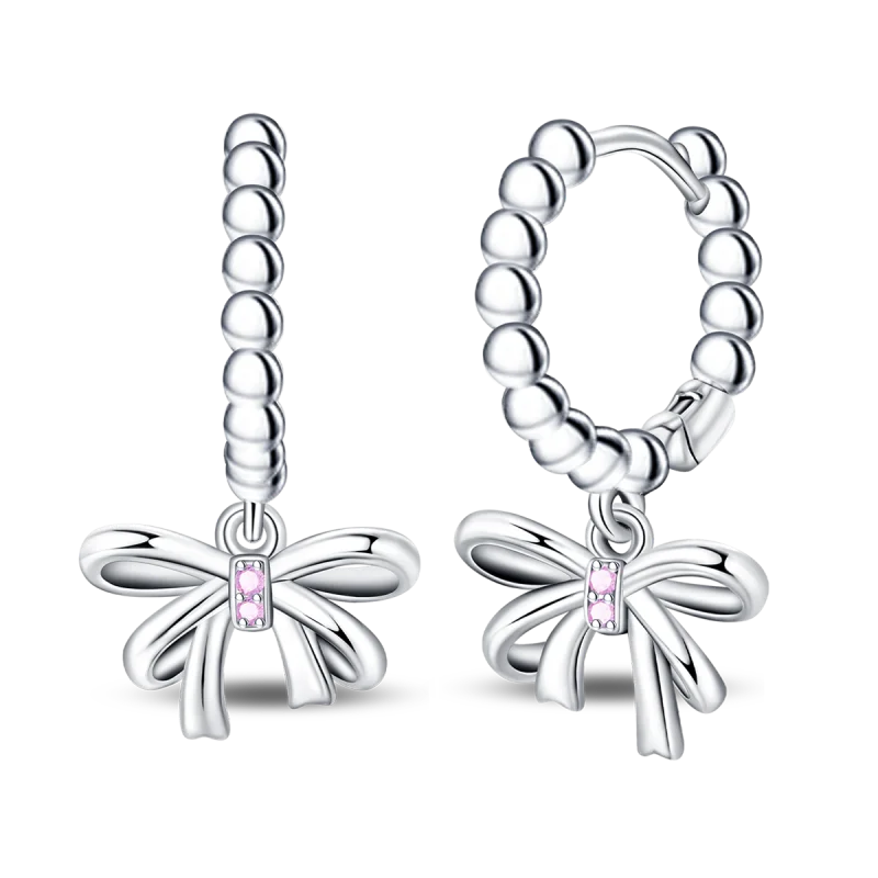 Fashion Charm 925 Sterling Silver Sparkling Pink Bow Row Hoop Earrings Fit Original Hoop Fine Jewelry Birthday Gifts  for Girls