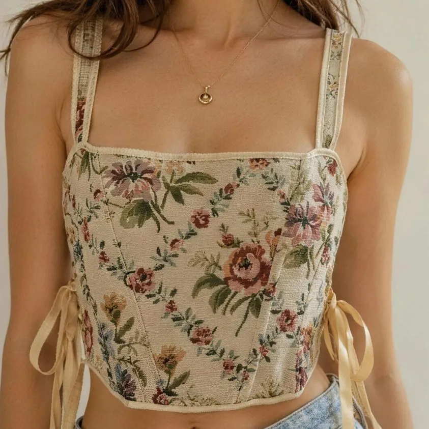 Corset Top With Fish Bone Straps Vintage Floral Camisole, Side-tie Slim-fit Top Side-tie Shape Wear For Women 93K0 view 2