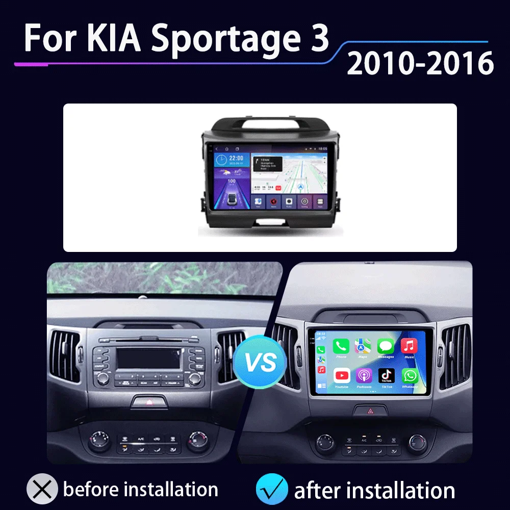 Android 16 Car Radio For KIA Sportage 3 Sportage R 2010-2016 Android Carplay Multimedia Player Car Stereo 4G WiFi Qualcomm 2din