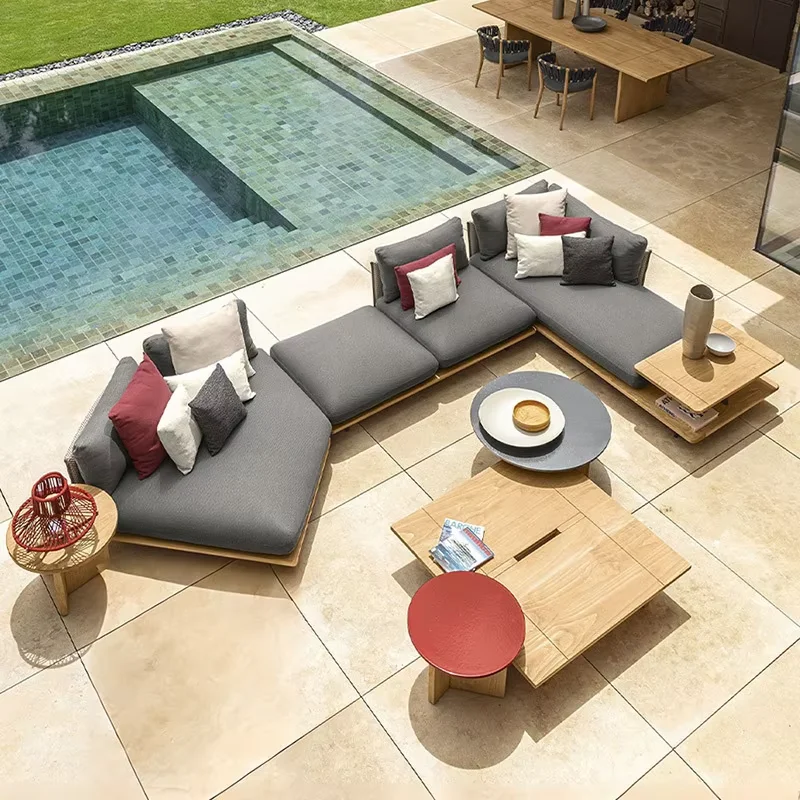 

！@Luxury Modern Simple Teak Rattan Sofa Set with Braided Rope Waterproof for Garden Balcony Patio Pool Hotel Outdoor Furniture