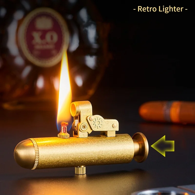 New Retro Brass Windproof Kerosene Lighter Compression Ejection Ignition Creative Personality Grinding Wheel Flint Lighter