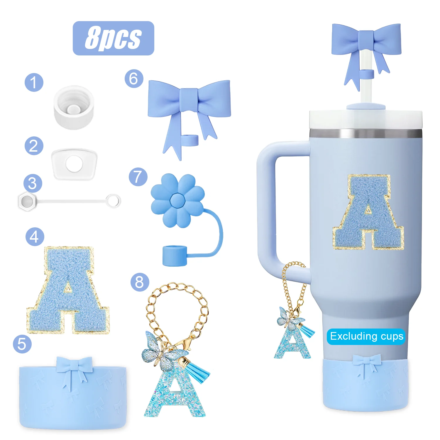 Conjunto de 8 Acessórios para Copo Stanley 30oz 40oz, Decorações com Iniciais de A-Z, Incluindo Tampa de Silicone para Canudo e Adesivo ﻿ ﻿
