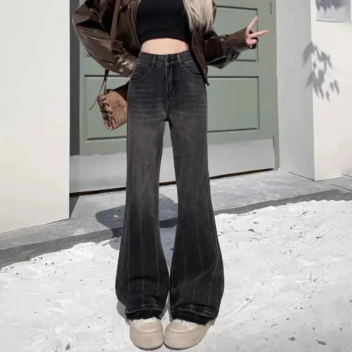 

American Vintage New Women's Solid Color Casual Trendy Elegant High Waist Wide Leg Straight Flare Jeans Pants Female Trousers