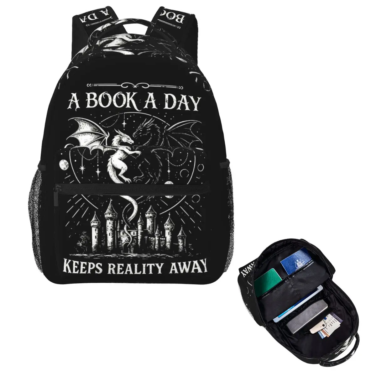 A Book A Day Keeps Reality Away Graphic Dragon And Castle Student Backpack School Bag Daypack for Boy Girl Bookbag Shoulder Bags