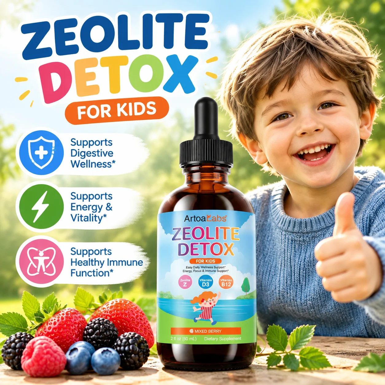 ArtoaLabs Zeolite Liquid Drops Anti Fatigue Boosting Energy Concentrating Attention Improving Bone Density Sugar Free for Kids