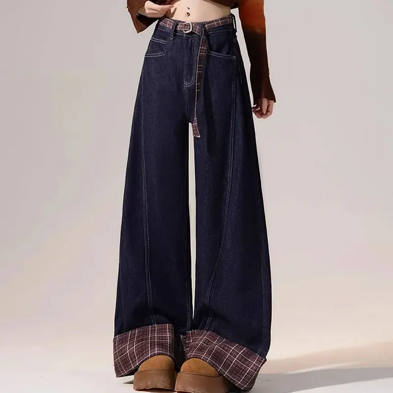 

American Plaid Stylish Patchwork Trousers High Street Straight Denim Pants Women's Clothing Loose High Waist Button Retro Jeans