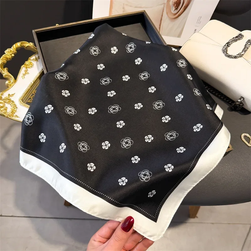 

Luxury Brand 2025 Floral Print Square Silk Scarf for Women Hijab Hair Bands 70cm Neckerchief Female Satin Shawl Ribbon Headband