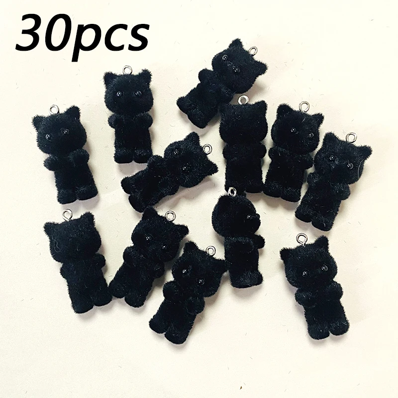 30pcs Bulk Wholesale Black Cat Charms Lots Sale Cute Miniature Fluffy Animal Pendant For Keychain Necklace Diy Jewelry Make