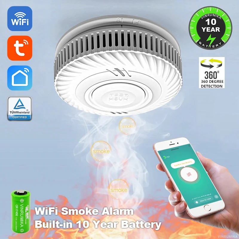 WiFi Tuya Smart Smoke Detector With Built-in 10 Year Lithium Battery For Parlor Room Kitchen Shop Fire Inspection Alarm Sensor