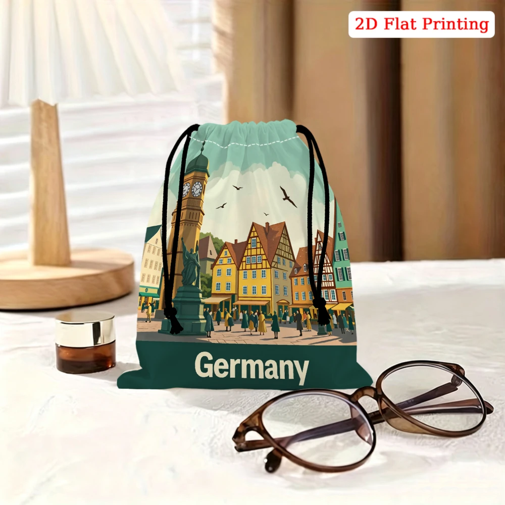 1pc Illustrated Germany Cityscape Drawstring Bag Green Storage Small Pouch Travel Organizer For Glasses Cosmetics Portable Gift