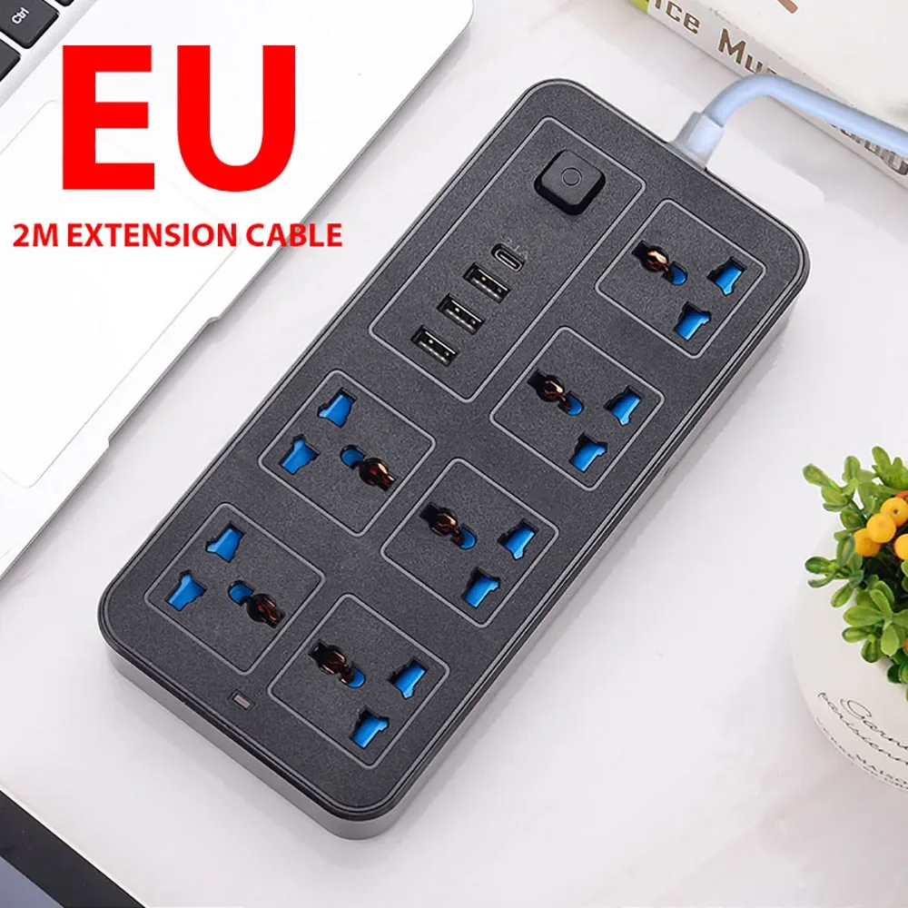 Regleta de enchufe múltiple, Cable de extensión de 2M, tomas múltiples de 6AC, toma de corriente con 3 USB, 1 tipo C, filtro de red de carga rápida