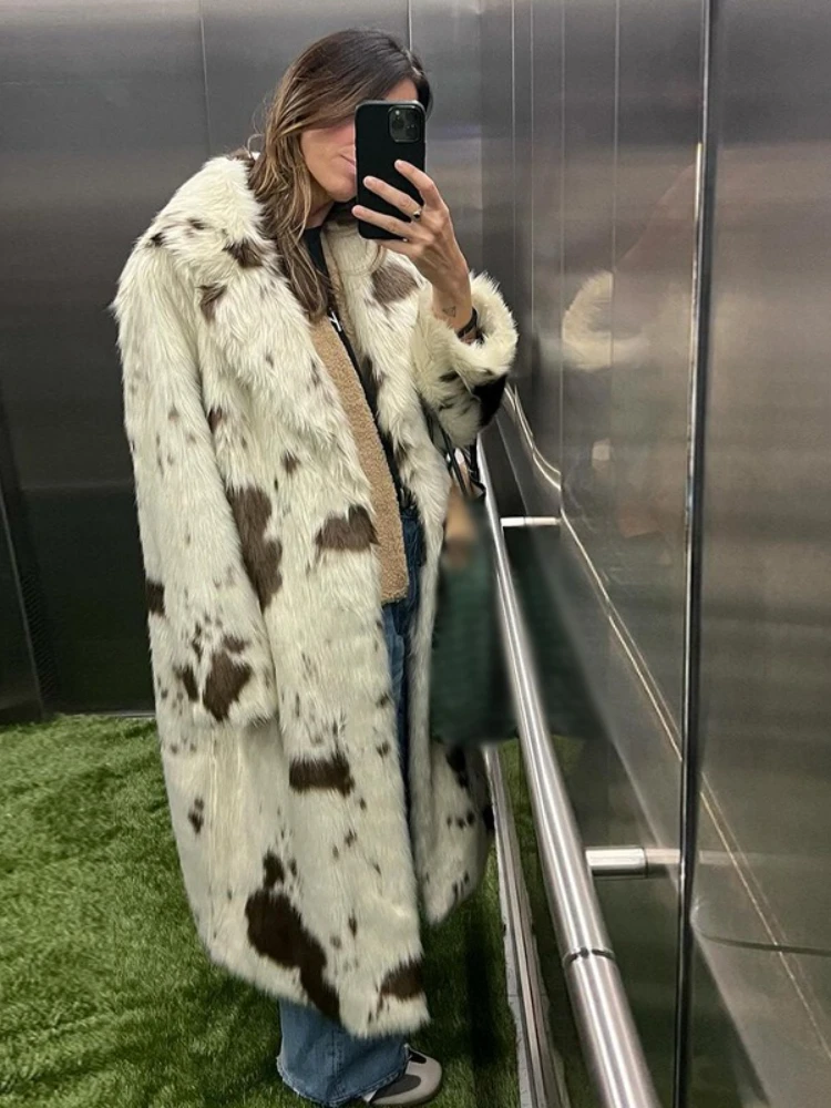Women Faux Fur Long Coats Jackets Turn Down Collar Print Coat Thick Warm Y2k Streetwear Jacket Work Outerwear Autumn Winter