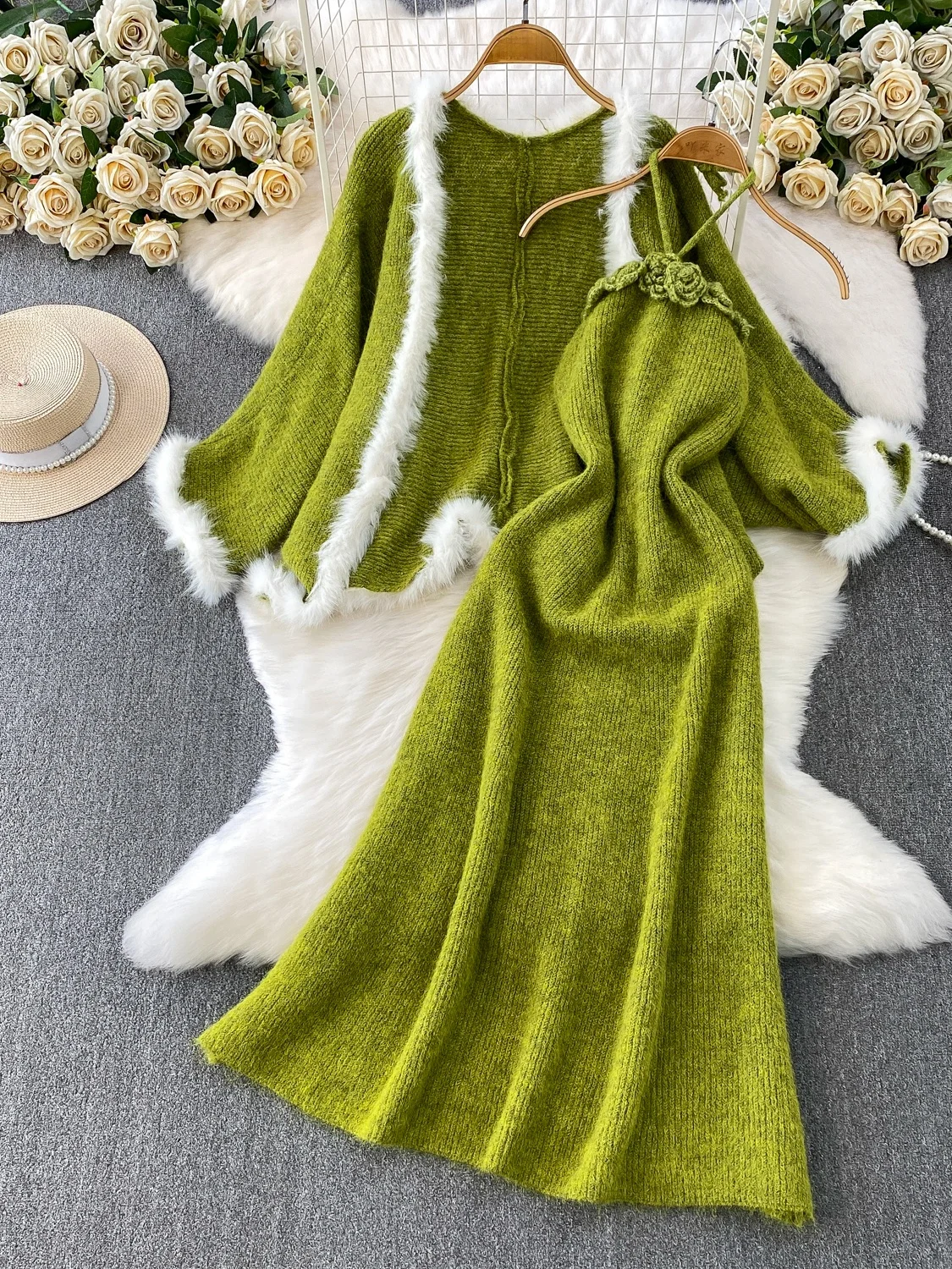 엘레 롱 니트 드레스 헤비 퍼 패치워크 레이지 코트 하이 웨이스트 A라인 스커트 슬레 윈터 이브닝 파티 드레스