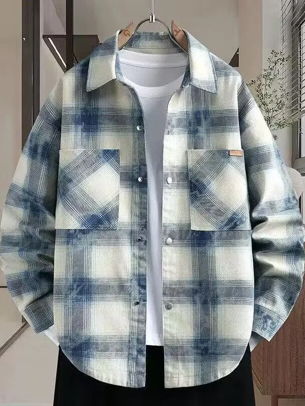 

Повседневная длинная све irt для мужчин, осенняя клетчатая верхняя одежда, модная брендовая молодежная хлопковая джинсовая одежда, свободная посадка, износостойкая с принтом