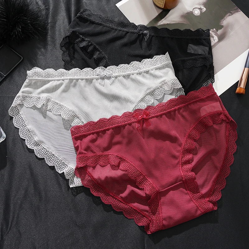 ALLTOOALL Women Panties Sexy Lace Mesh Thin Briefs Girls Bow Hollow Out Underwear Seamless Low Waist Transparent Underpants