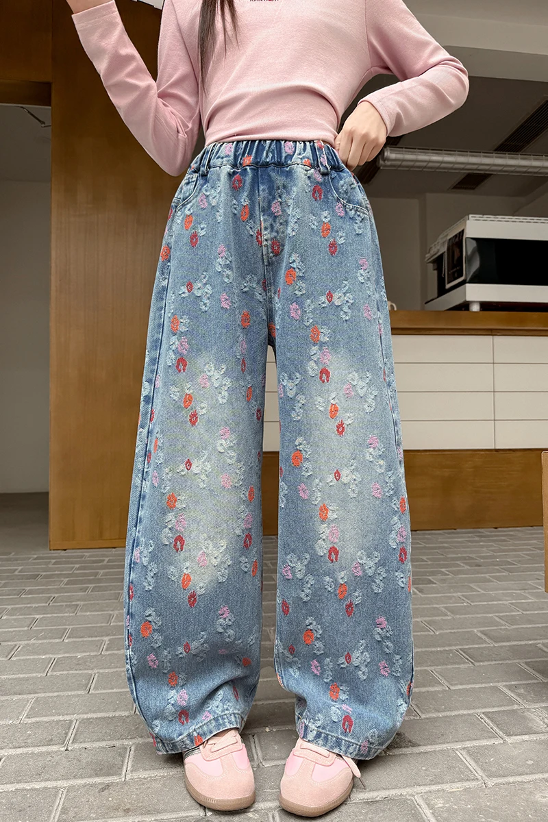 Mädchen-Jeans Frühling Herbst 2026 Orange Jacquard Weites Bein Jeans Hohe Taille Elastischer Bund Lässige Bequeme Kinderhose – Detail 13