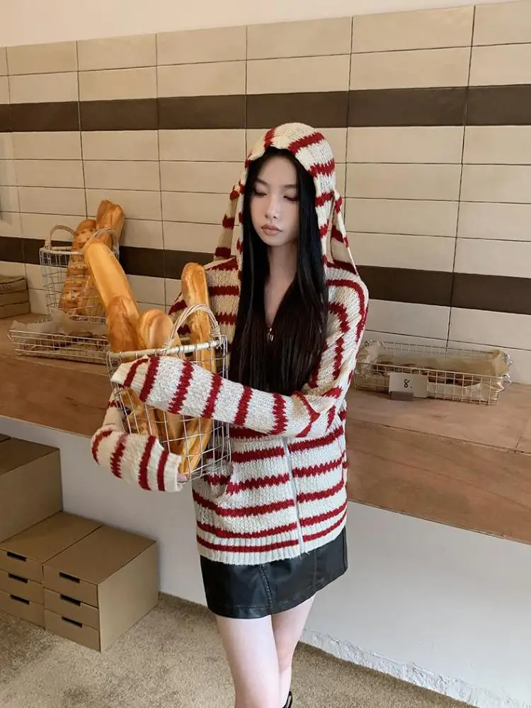 Yedinas Christmas Red Striped Hooded Knitted Tops Long Sleeve Korean Fashion Rabbit Ears Cardigan Women Sweater Ladies Jumpers