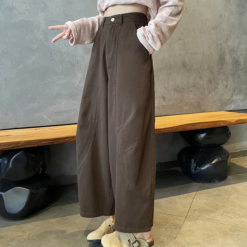 Vintage Elastic Waist Pants Women High Waist Wide Leg Ankle-length Black Pants Female Korean Fashion Zip Up Harem Pants Girls
