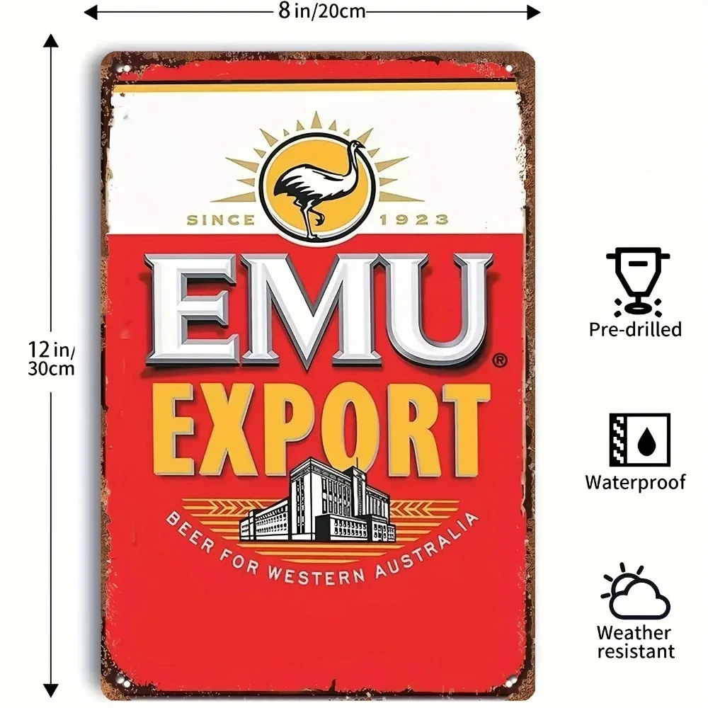 Emu Export Beer "فن حائط عتيق من الألومنيوم - لافتة معدنية مستوحاة من آرت ديكو مع رسومات مصنع الجعة المعقدة، مثبتة على الحائط