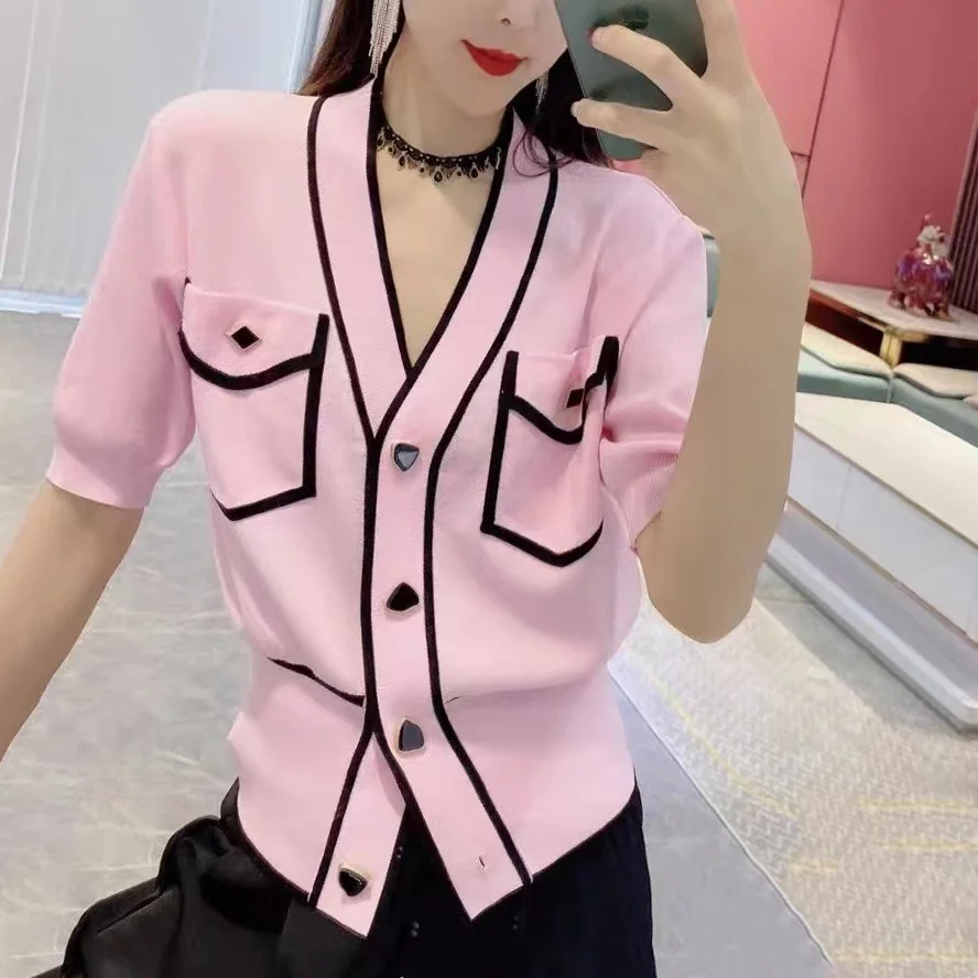 Summer Knitted Ice Silk Tops Women V-neck Contrast Color Short Sleeve Single Breasted Elegant Cardigan Pockets Shirts