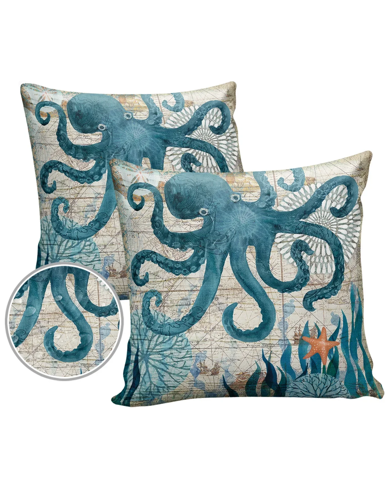 2/4PCS Outdoor Garden Chair Waterproof Cushion Cover Octopus Ocean Retro Nautical Style Home Decor 40/45/50/60/66cm Pillow Case