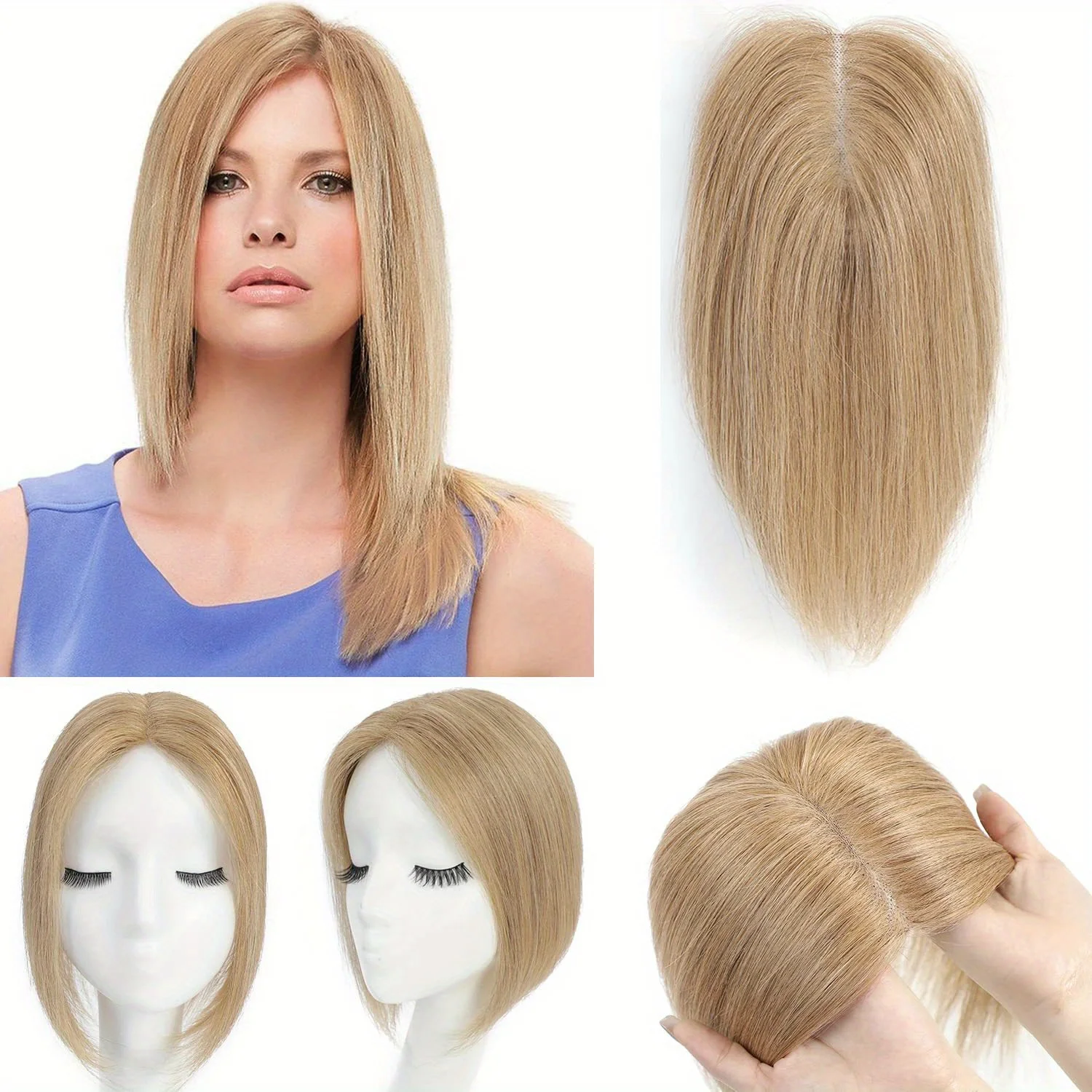 InjBase-Toppers de cheveux humains pour femmes, vrais cheveux humains, morceaux de clip avec séparation gratuite, perruques de cheveux humains, 12 po