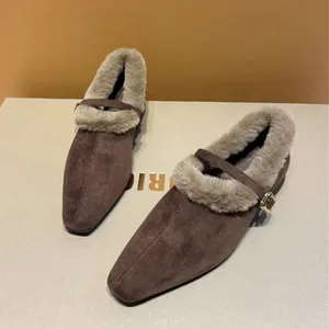 Fur Women Heeled Shoes Winter Warm Cotton Shoes 2025 Elegant Square Toe Pumps Plush Shallow Mary Jane Shoes Chunky Mujer Zapatos