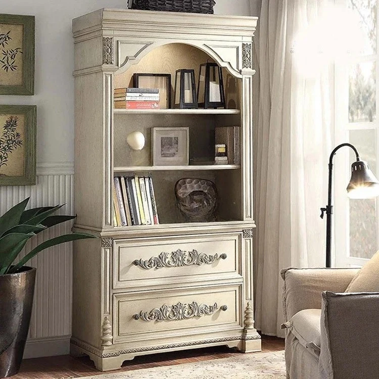 

American solid wood bookcase French retro old living room dining side cabinet European carved bookshelf shelf customization R