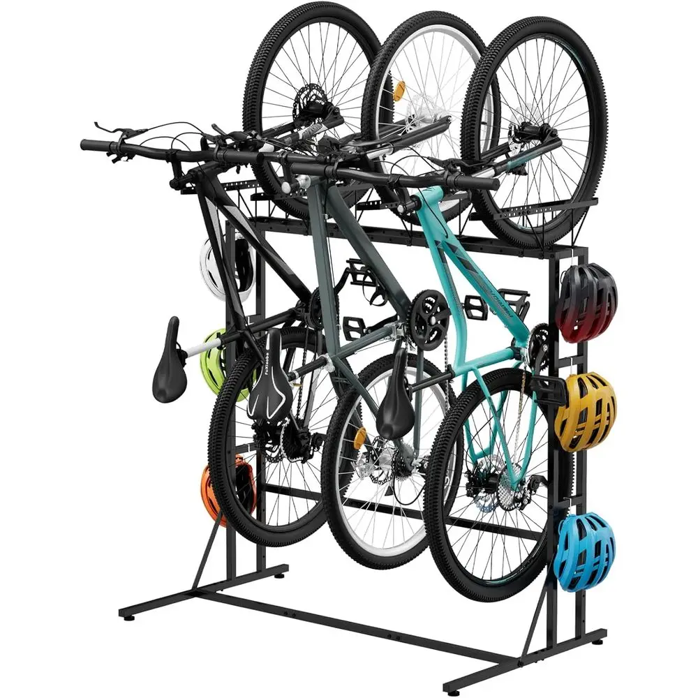 

Bike Rack Garage Floor Bike Storage Stand with 6 Hooks, Indoor Cycle Organizer for 3 Adult Mountain/Road & 1 Kids Bikes, Max Tir