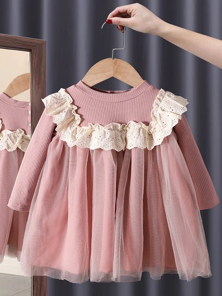 Falda para niñas primavera y otoño nuevo vestido de princesa moda de algodón vestido de manga larga vestido de gasa versión coreana falda extranjera