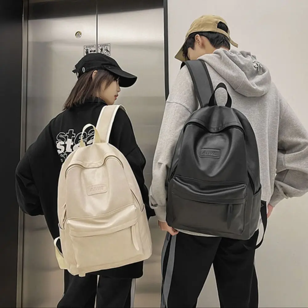 

Simple Korean Style Leather Backpack Men Large Capacity Waterproof Travel Bag Storage Multiple Pockets Teens Schoolbag Students