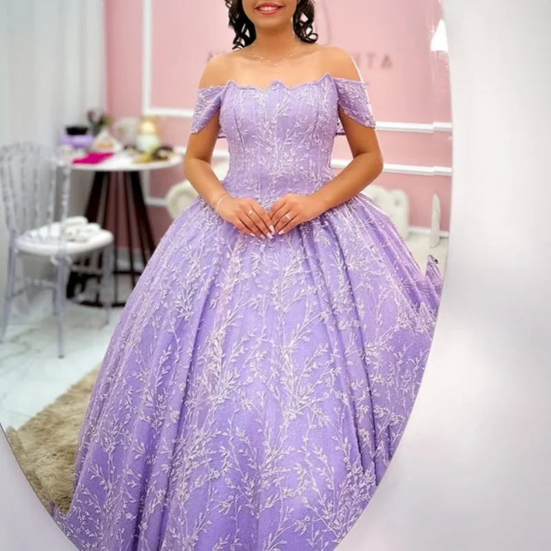 

Purple Quinceanera Dress off-shoulder glitter crystal flower decal Tull vestidos de 15 Quinceanera ﻿Customized
