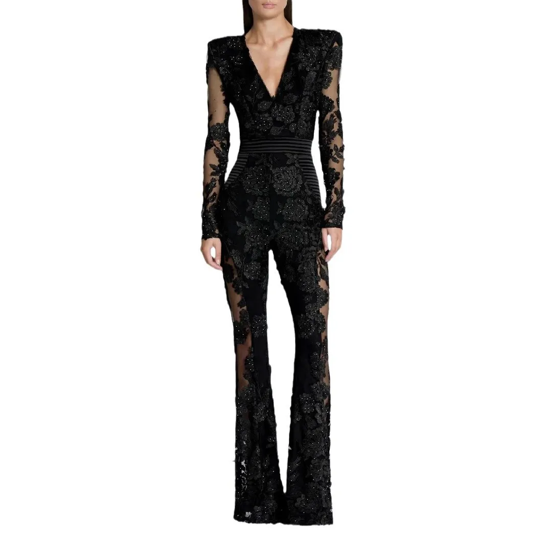

New Temperament V-neck Jumpsuit Stitching Lace Hot Diamond Long-sleeved Evening Sexy Royal Sister Women's Clothing